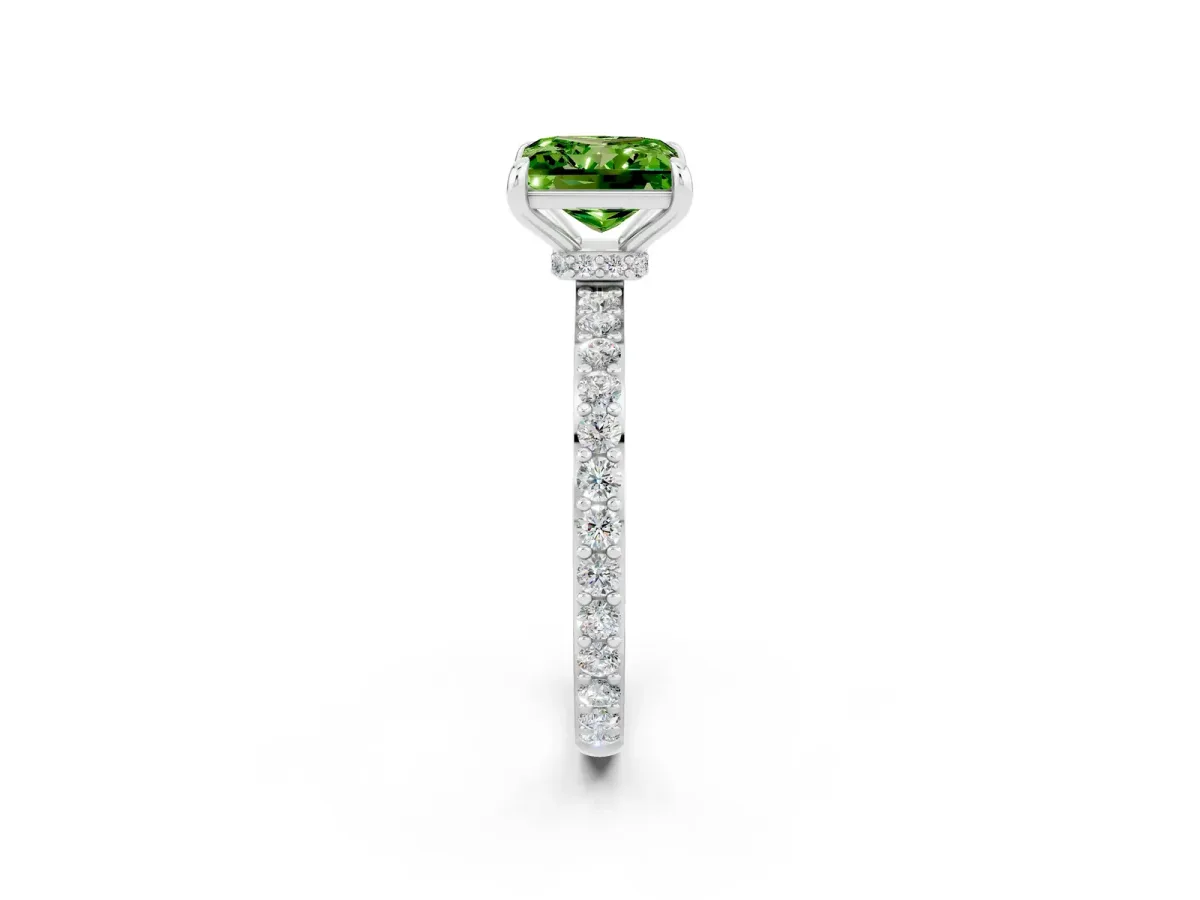 Princess Cut Peridot Solitaire Engagement Ring with Pavé Band and Four-Prong Setting White gold