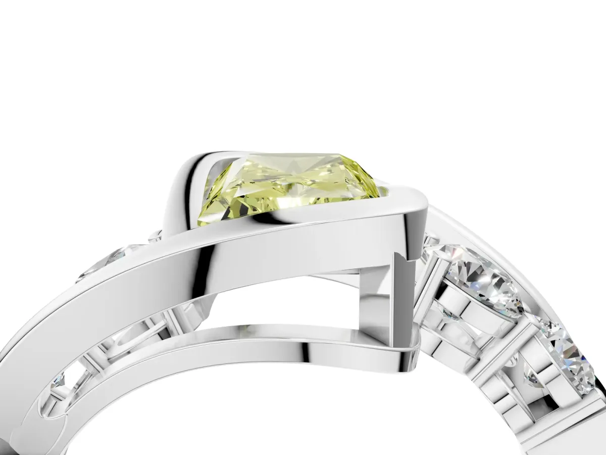 Fancy Yellow Bezel Set Radiant Cut Diamond Bypass Ring with Round Accents Platinum