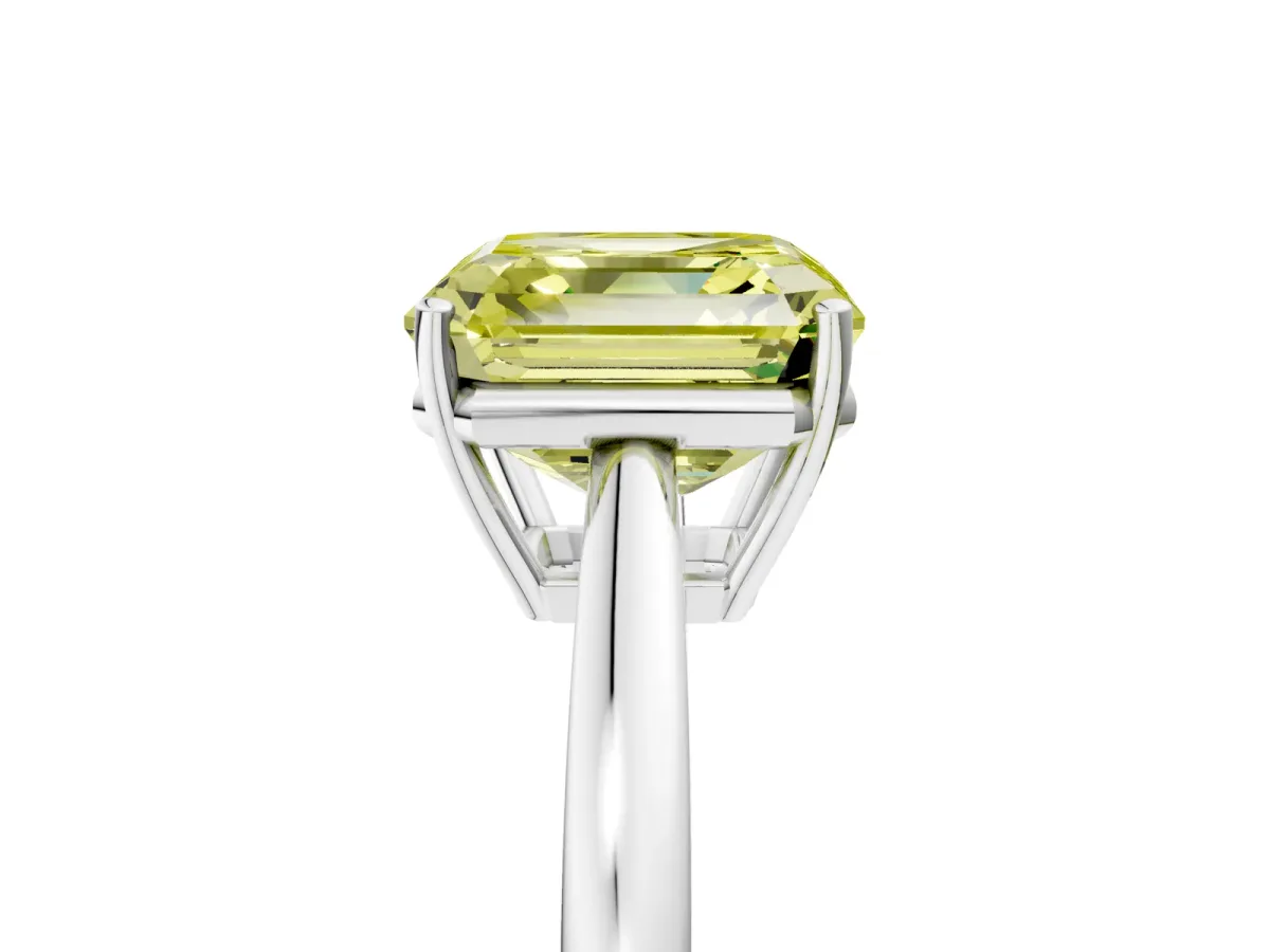 Fancy Yellow Asscher Cut Solitaire Diamond Ring with Split Shank and Four-Prong Setting Platinum