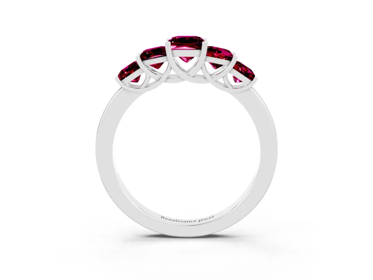 Princess Cut Five-Stone Garnet Ring with Classic Prong Setting White gold