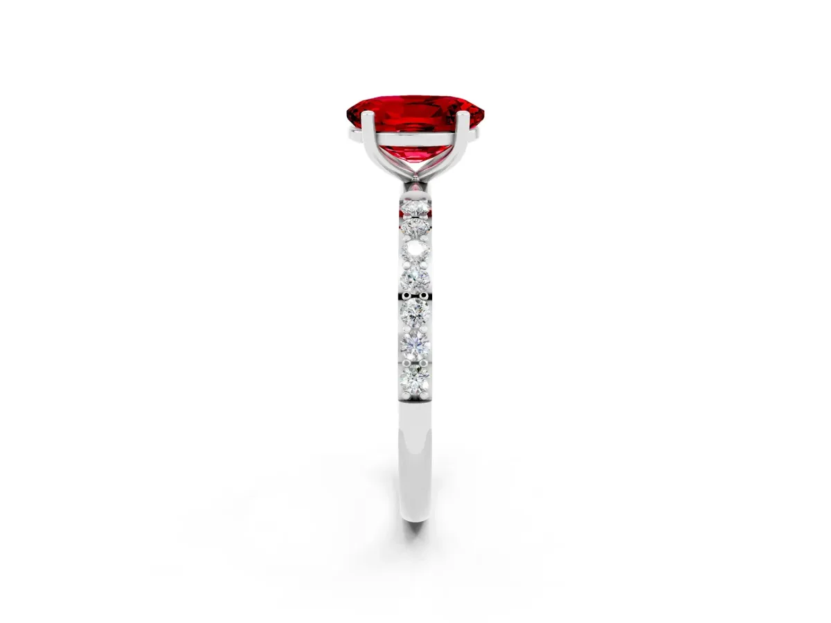 Oval Cut Ruby Solitaire Ring with Round Pavé Band and Prong Setting Silver