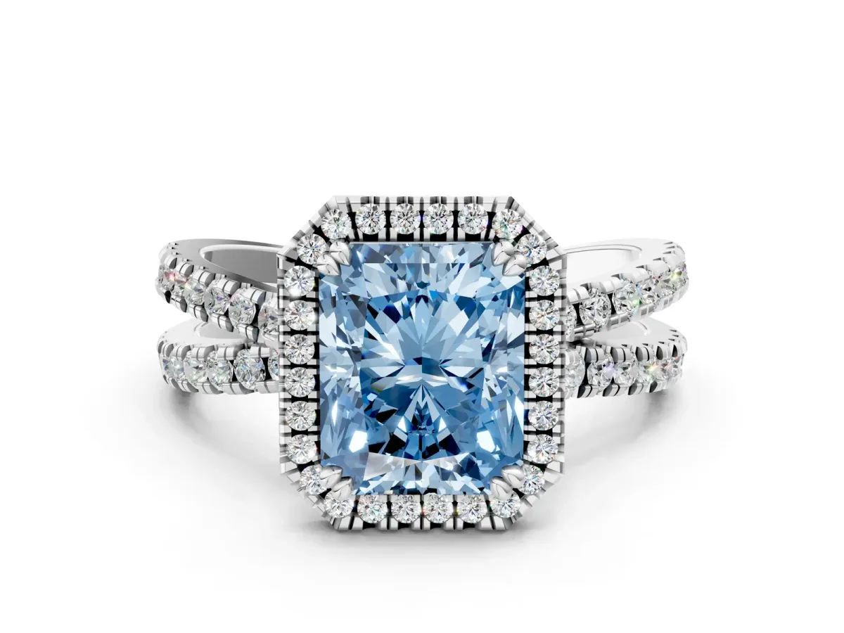 Fancy Blue Radiant Cut Halo Split Shank Diamond Ring with Pavé Setting Platinum