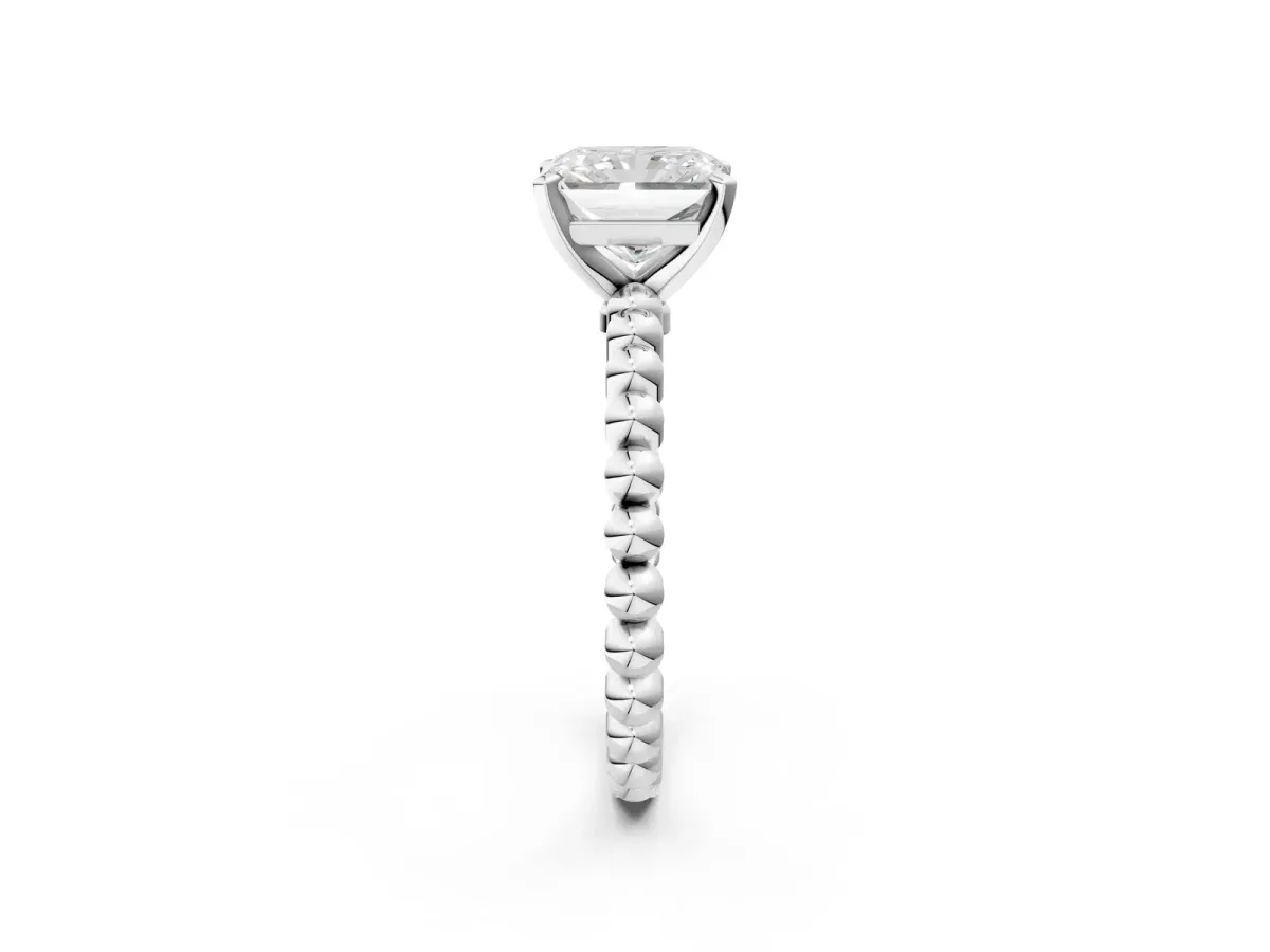 Radiant Cut Diamond Solitaire Ring with Beaded Band and Prong Setting Platinum