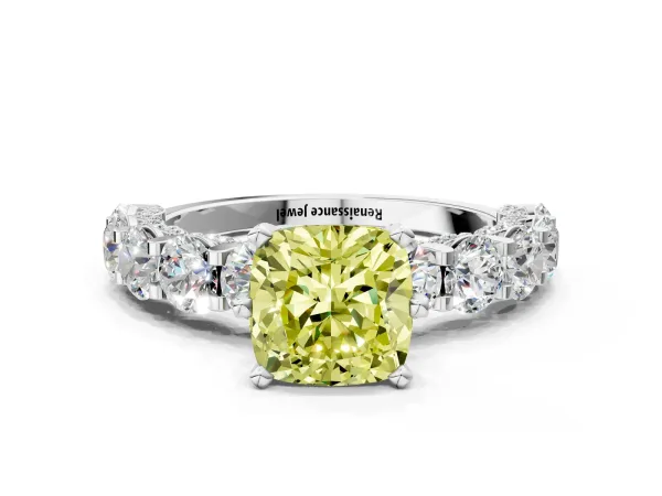 Fancy Yellow Cushion Cut Diamond Side Stone Engagement Ring with Four-Prong Setting Silver