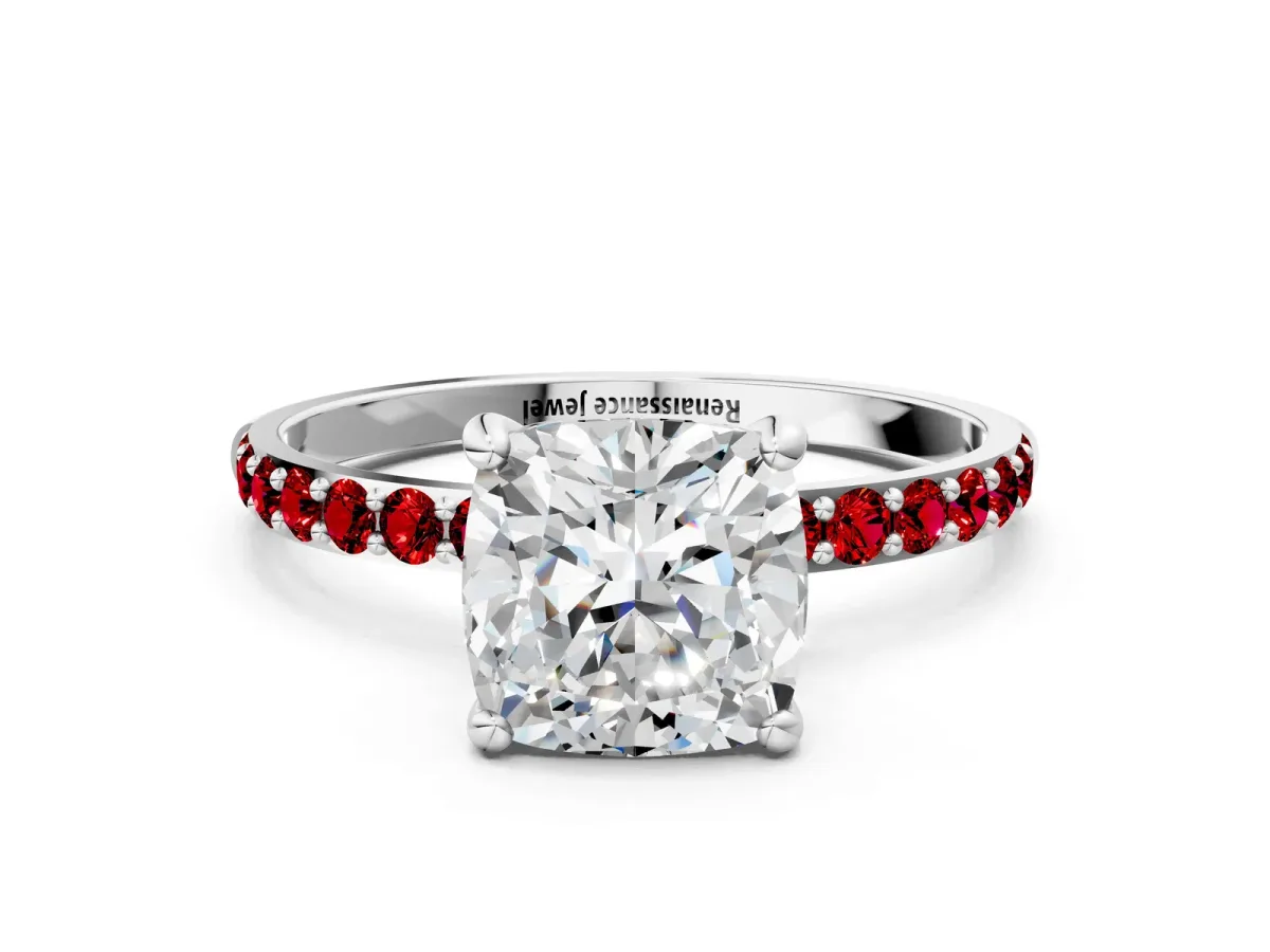 Cushion Cut Diamond Solitaire Ring with Round Ruby Pavé Band and Prong Setting Platinum
