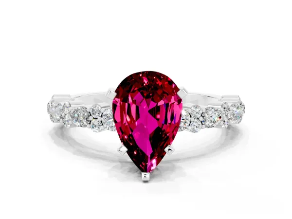 Pear Cut Garnet Side Stone Solitaire Ring with Round and Four-Prong Setting White gold