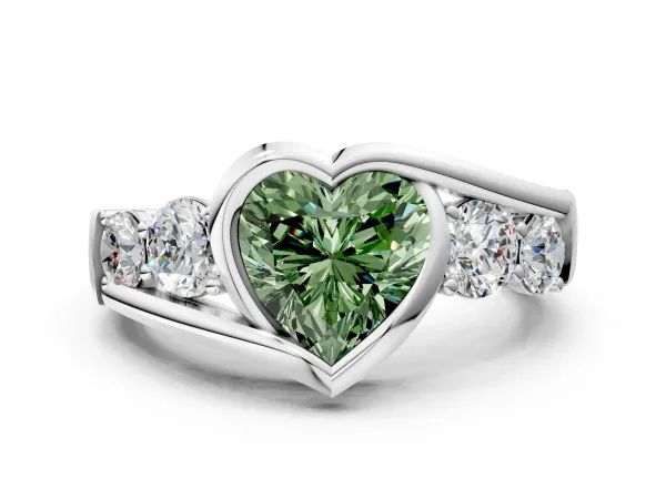 Fancy Green Bezel Set Heart Cut Diamond Bypass Ring with Round Accents Platinum