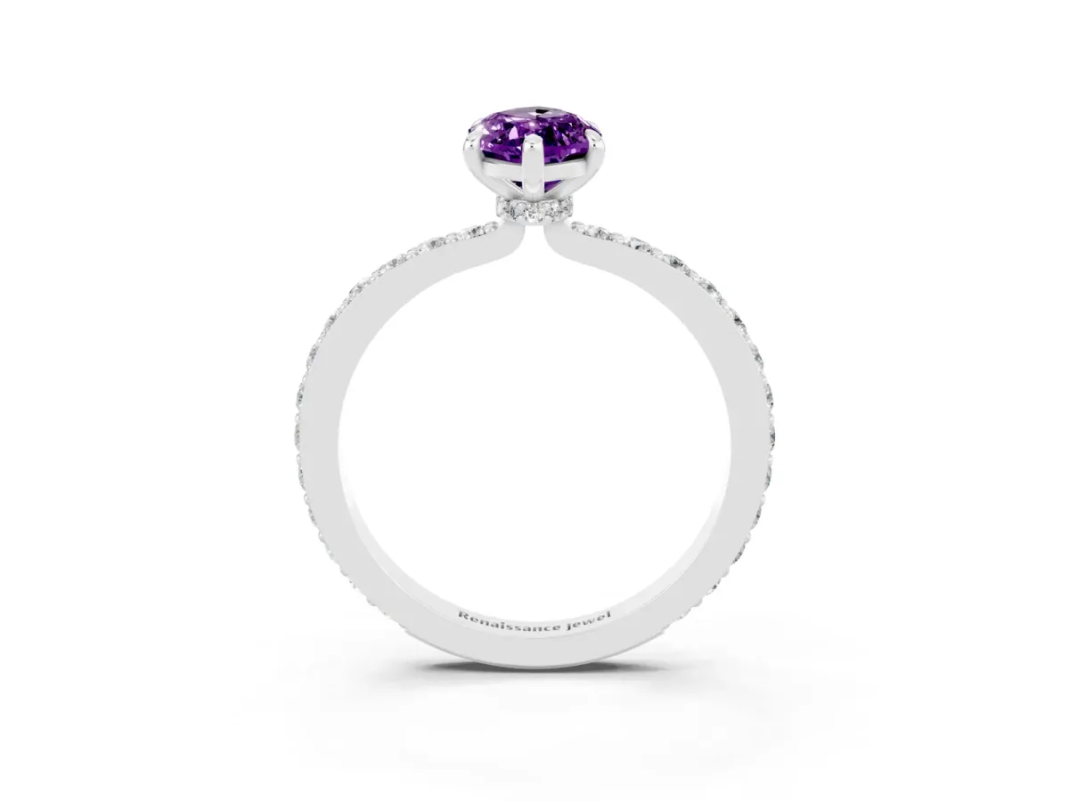 Marquise Cut Amethyst Solitaire Engagement Ring with Pavé Band and Four-Prong Setting White gold