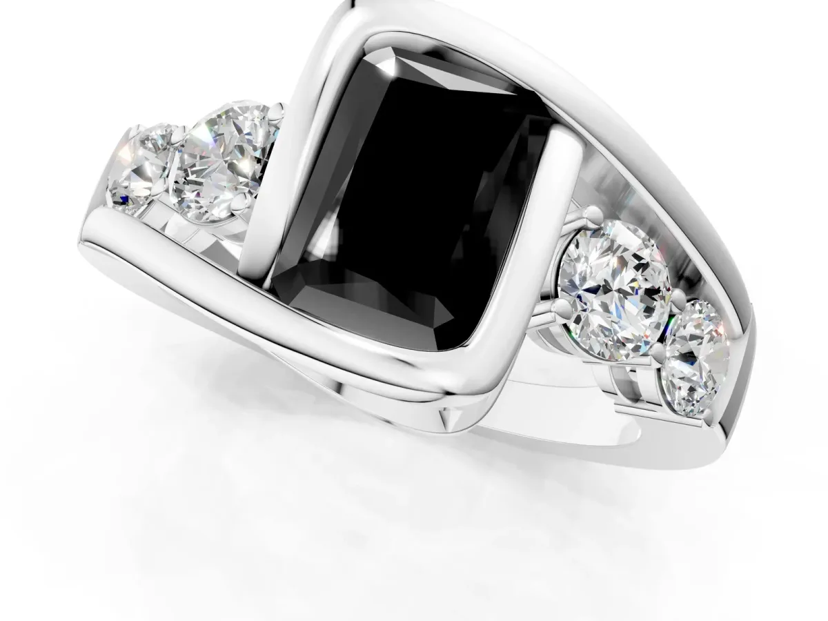 Fancy Black Bezel Set Radiant Cut Diamond Bypass Ring with Round Accents Platinum