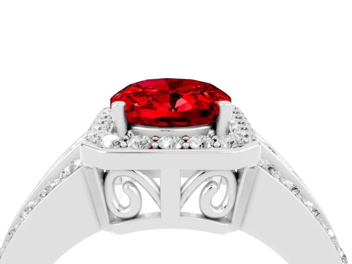 Oval Cut Halo Ruby Ring with Round Split Shank and Prong Setting Platinum