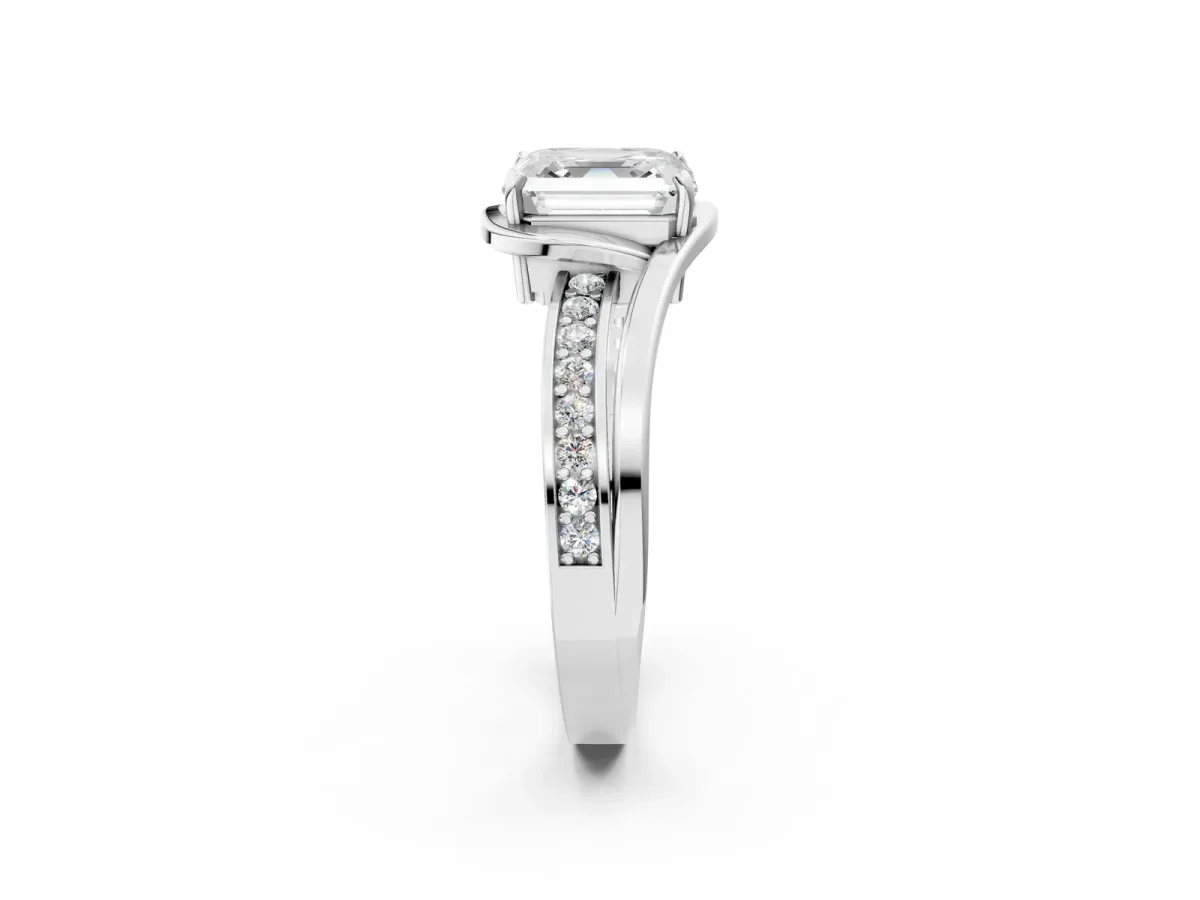 Asscher Cut Diamond Solitaire Ring with Split Shank and Prong Setting Platinum