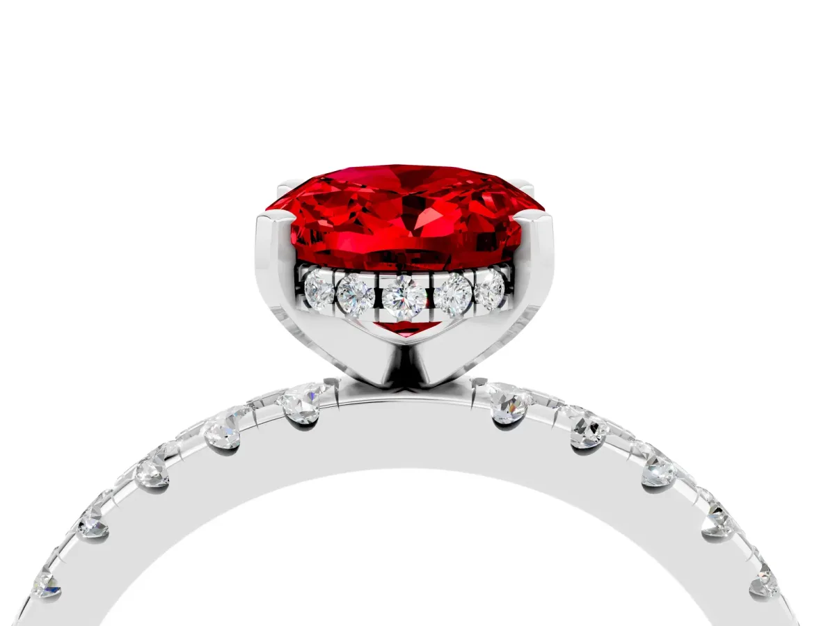 Oval Cut Ruby Solitaire Ring with Round Pavé Band and Four-Prong Setting White gold