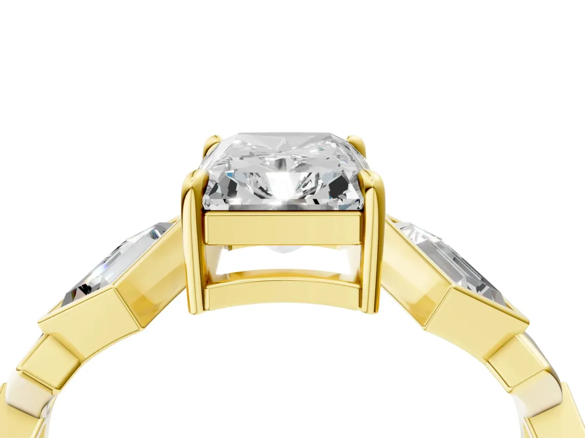 Radiant Diamond Geometric Side Stone Engagement Ring Yellow gold