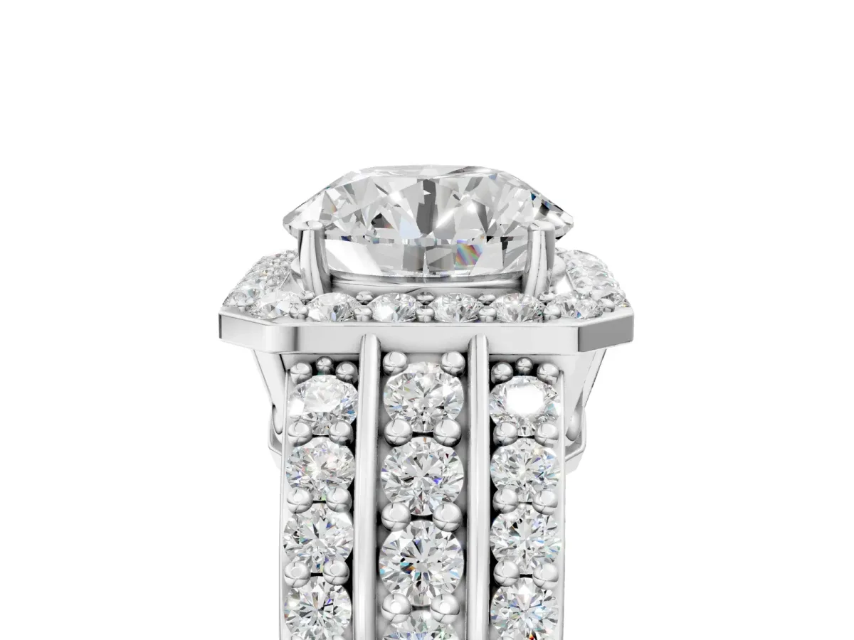 Round Cut Halo Diamond Ring with Round Tanzanite Split Shank and Prong Setting Silver