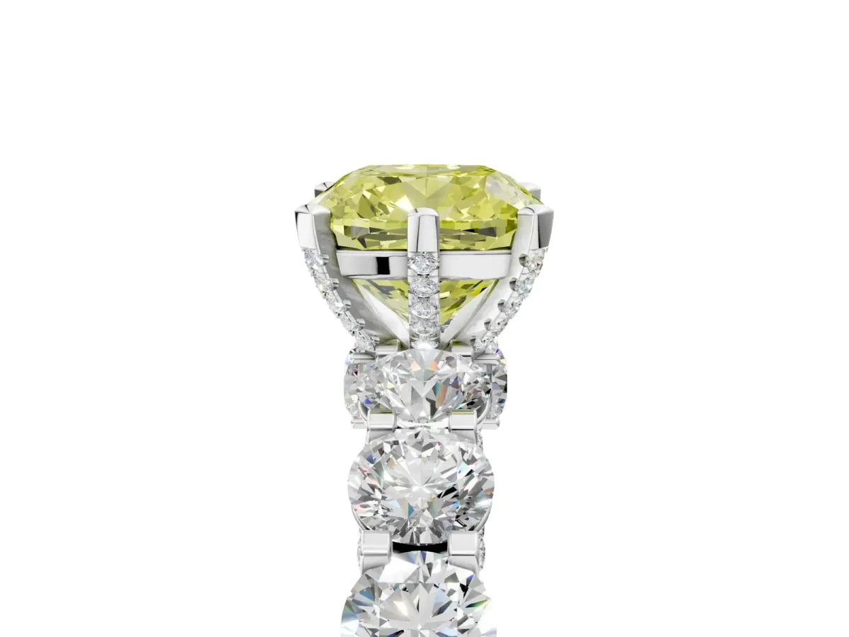 Fancy Yellow Cushion Cut Diamond Side Stone Engagement Ring with Four-Prong Setting White gold