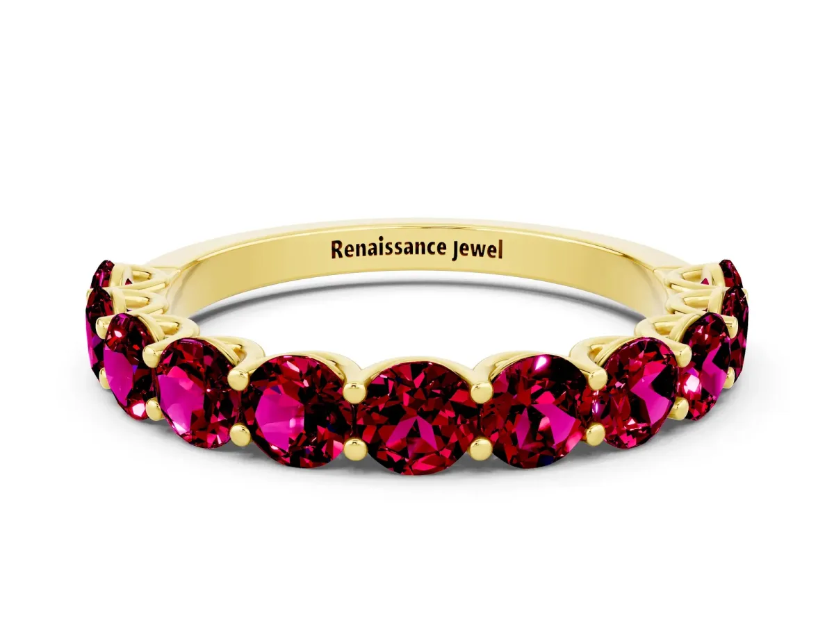 Round Garnet Shared Prong Eternity Band Yellow gold