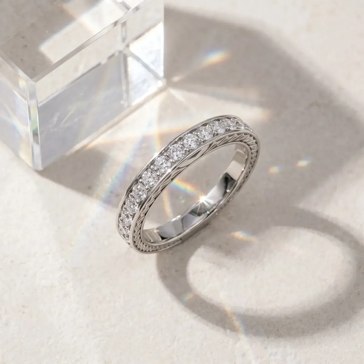 Round Cut Diamond Pavé Eternity Band with Channel Setting Silver