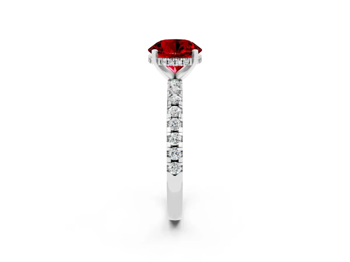 Round Cut Ruby Solitaire Ring with Round Pavé Band and Four-Prong Setting White gold