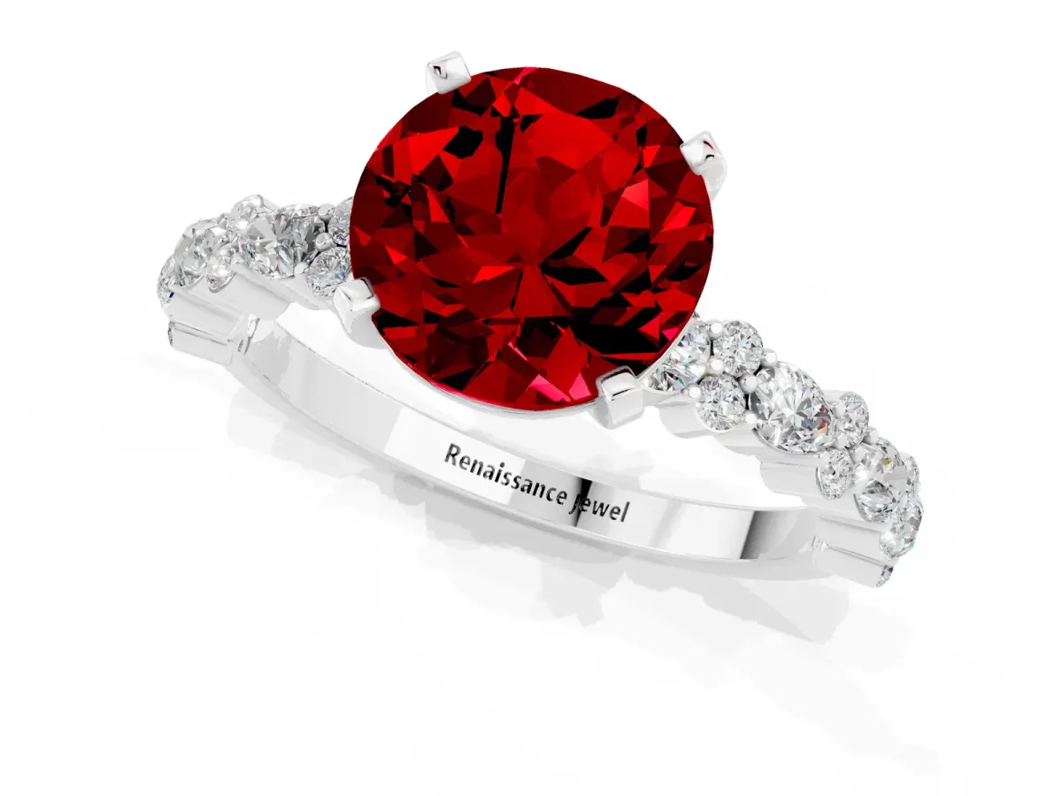 Round Cut Ruby Side Stone Solitaire Ring with Round and Four-Prong Setting Platinum