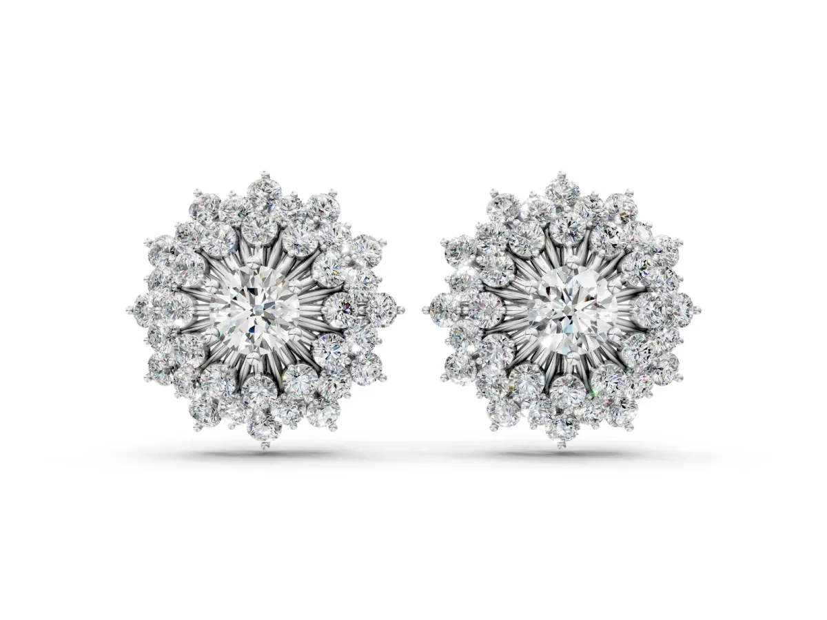 Round Diamond Sunburst Stud Earrings Silver