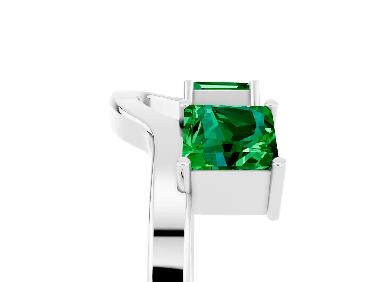 Princess Cut Emerald Two-Stone Open Band Ring with Four-Prong Setting Silver