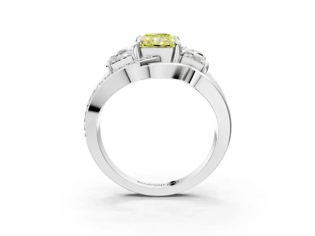 Fancy Yellow Three-Stone Radiant Cut Cut Diamond Split Shank Prong Set Ring Platinum