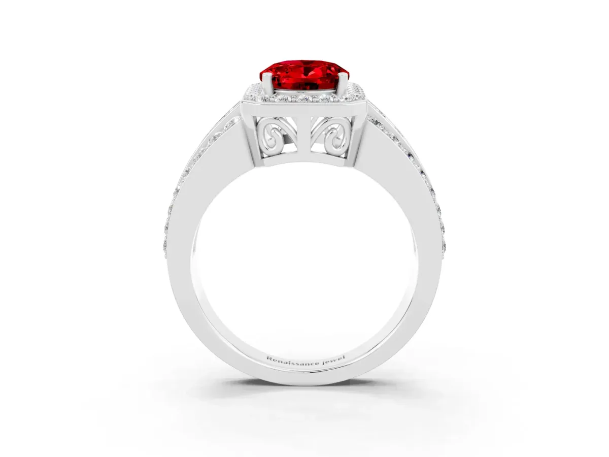 Oval Cut Halo Ruby Ring with Round Split Shank and Prong Setting Platinum