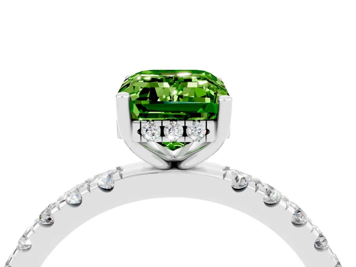 Emerald Cut Peridot Pave Band Solitaire Ring with Round and Prong Setting Silver