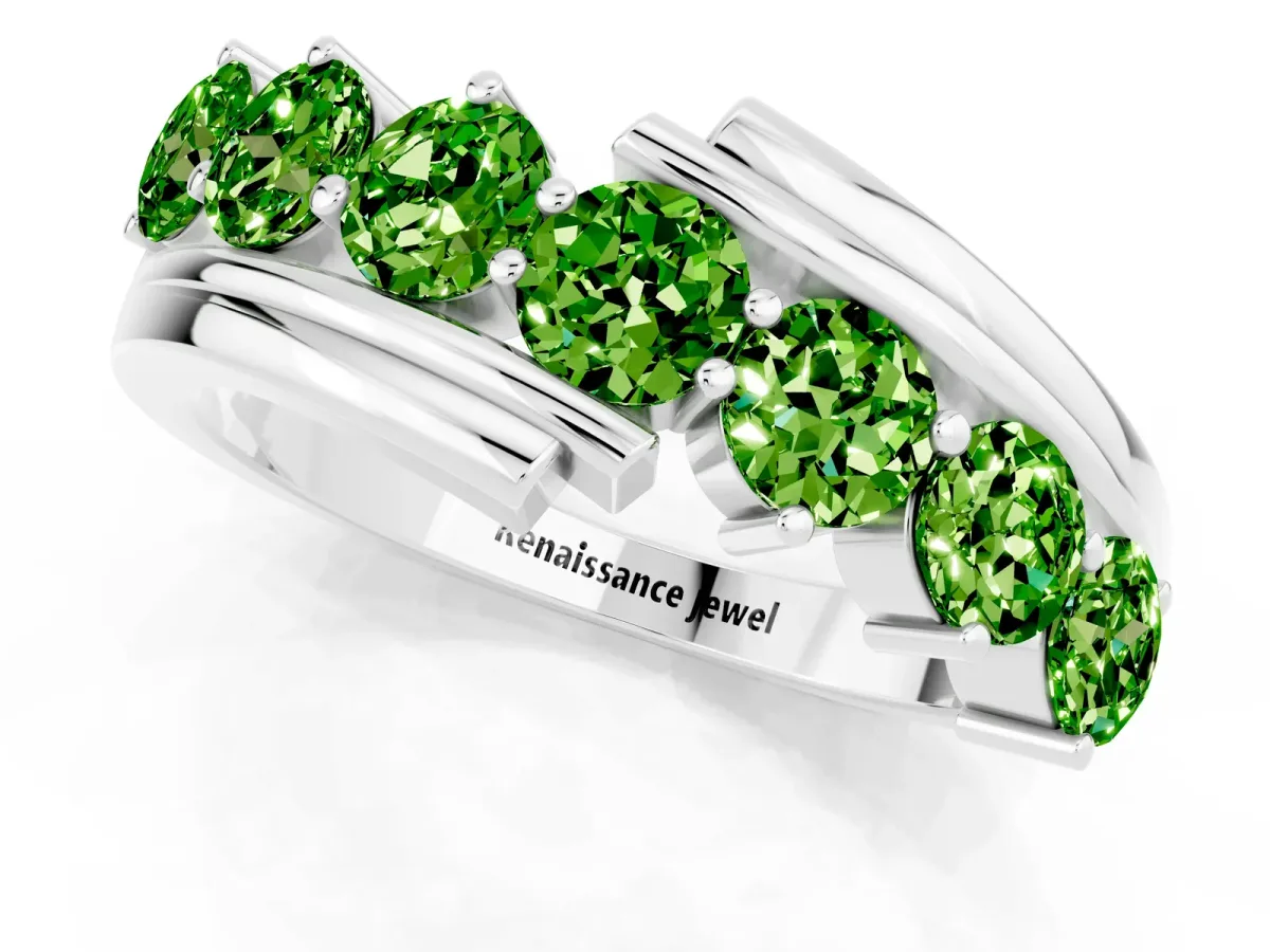 Round Peridot Wave Band with Channel and Shared Prong Setting White gold