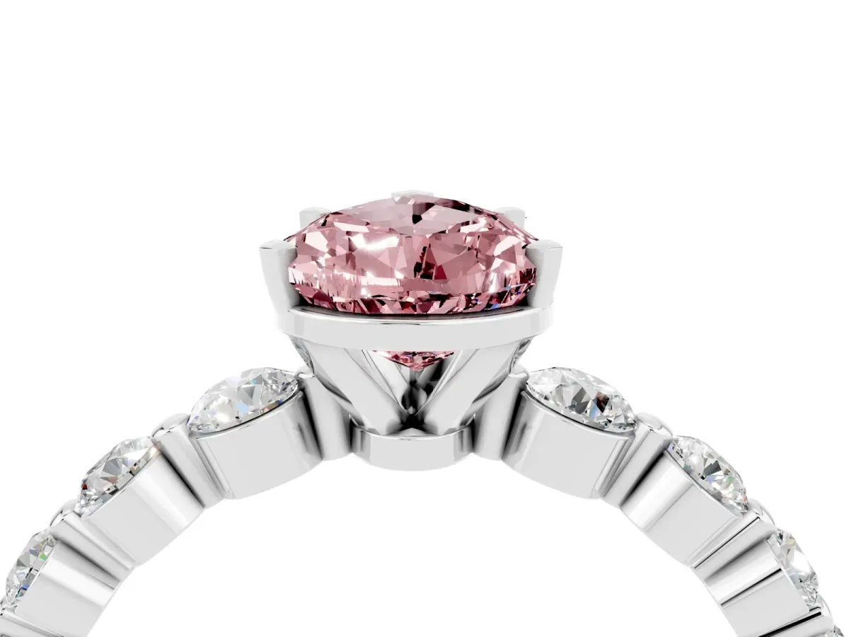 Pear Cut Solitaire Morganite Ring with Pave Band and Four-Prong Setting Silver