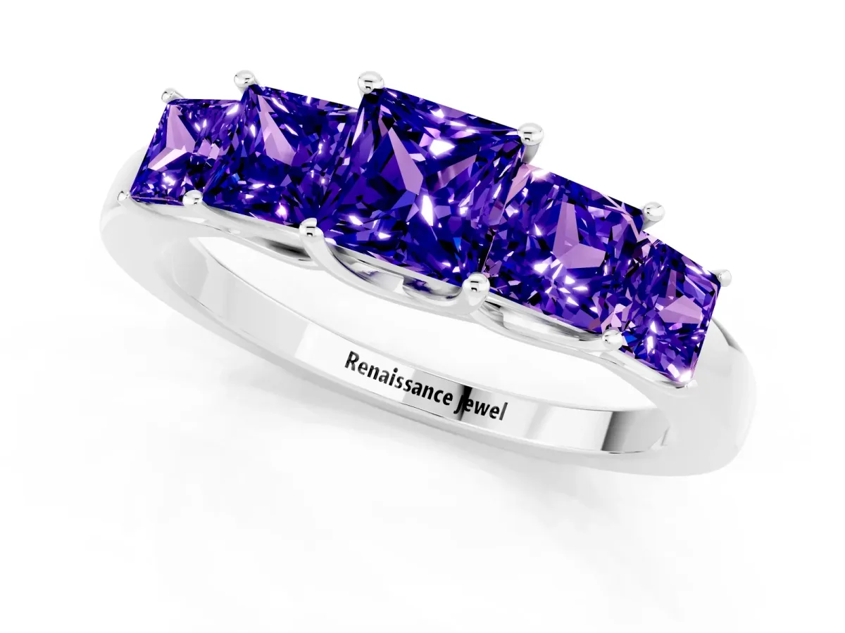 Princess Cut Five-Stone Tanzanite Ring with Classic Prong Setting Platinum