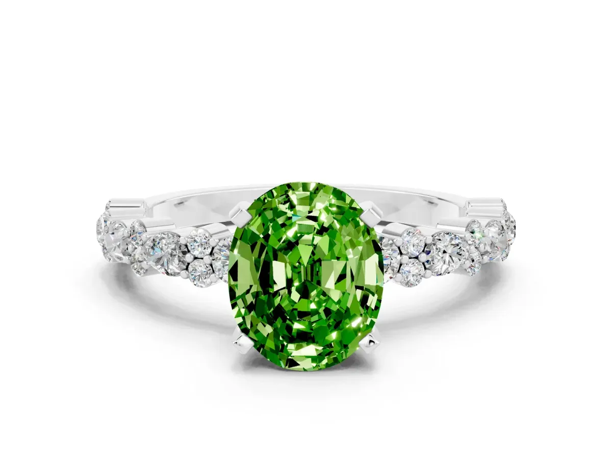 Oval Cut Peridot Side Stone Solitaire Ring with Round and Four-Prong Setting Platinum