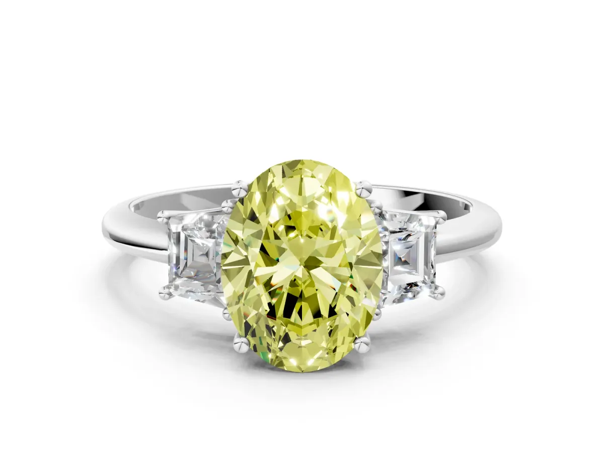 Fancy Yellow Oval Cut Diamond Three-Stone Ring with Trapezoid Side Stones and Prong Setting Silver