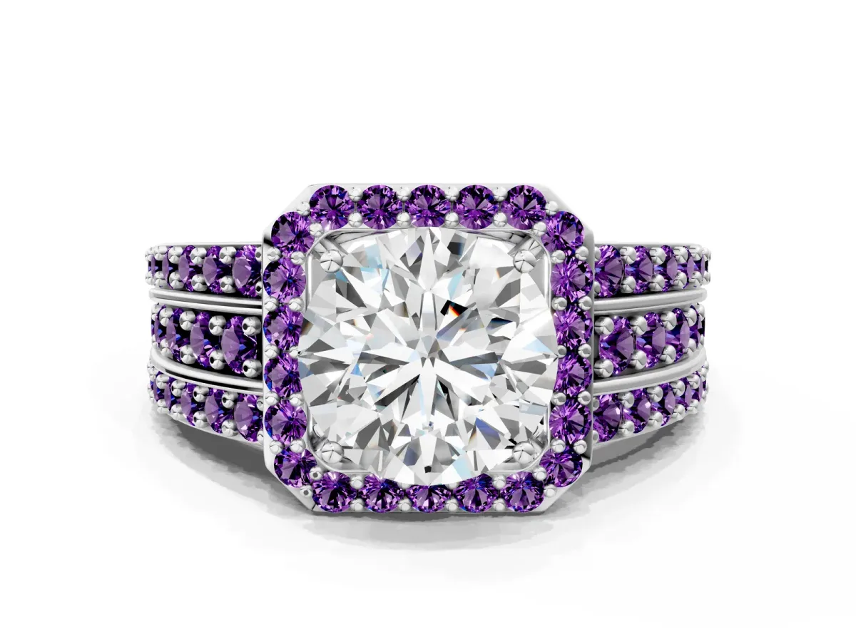 Round Cut Halo Diamond Ring with Round Tanzanite Split Shank and Prong Setting Silver