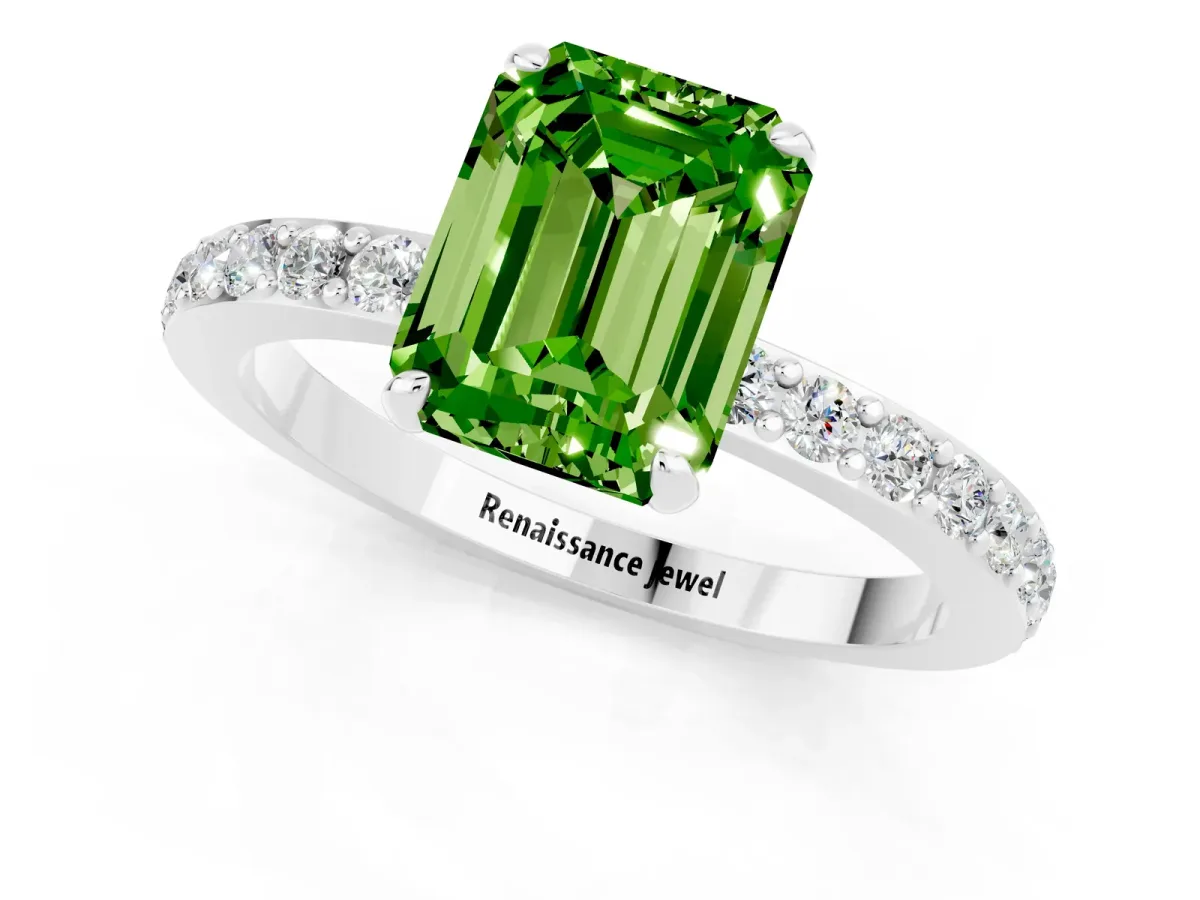Emerald Cut Peridot Solitaire Engagement Ring with Pavé Band and Four-Prong Setting White gold