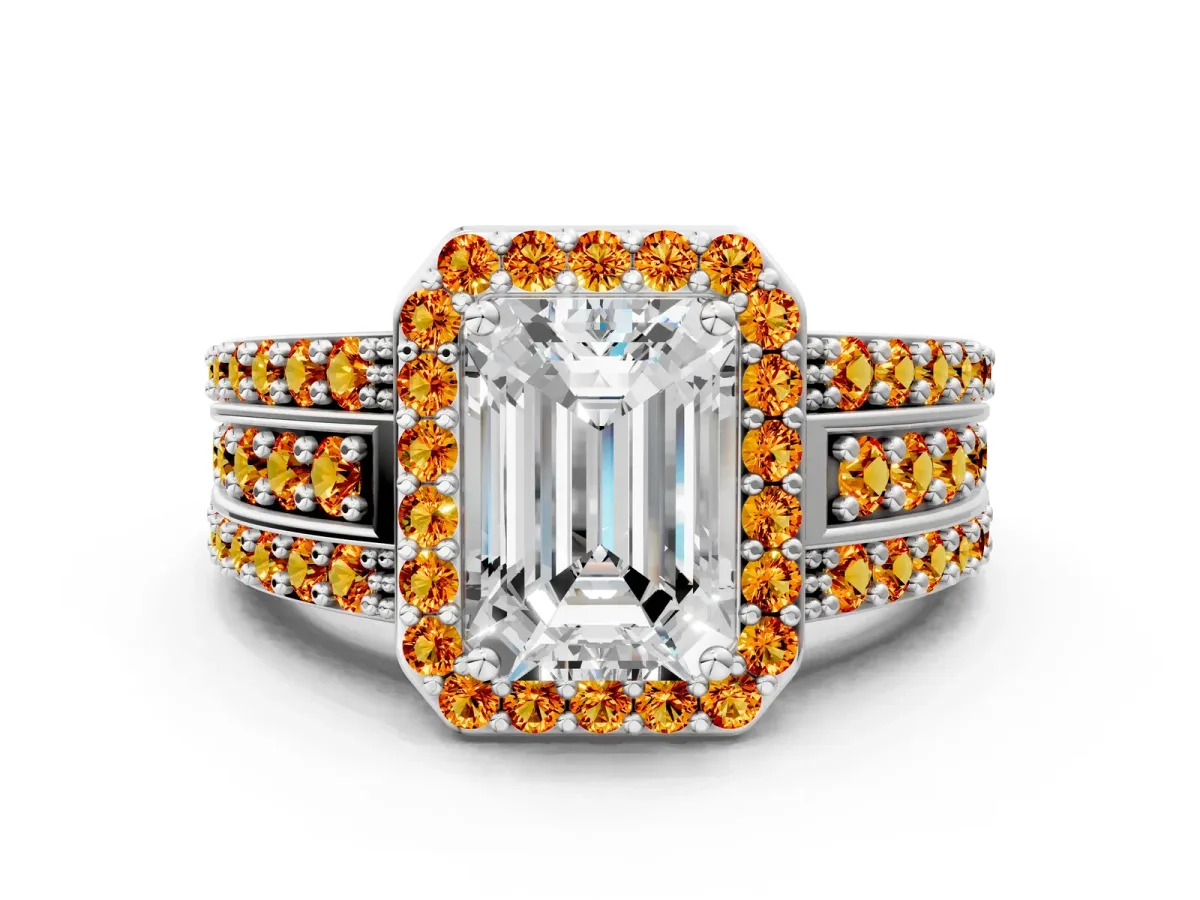 Emerald Cut Halo Diamond Ring with Round Citrine Split Shank and Prong Setting Platinum
