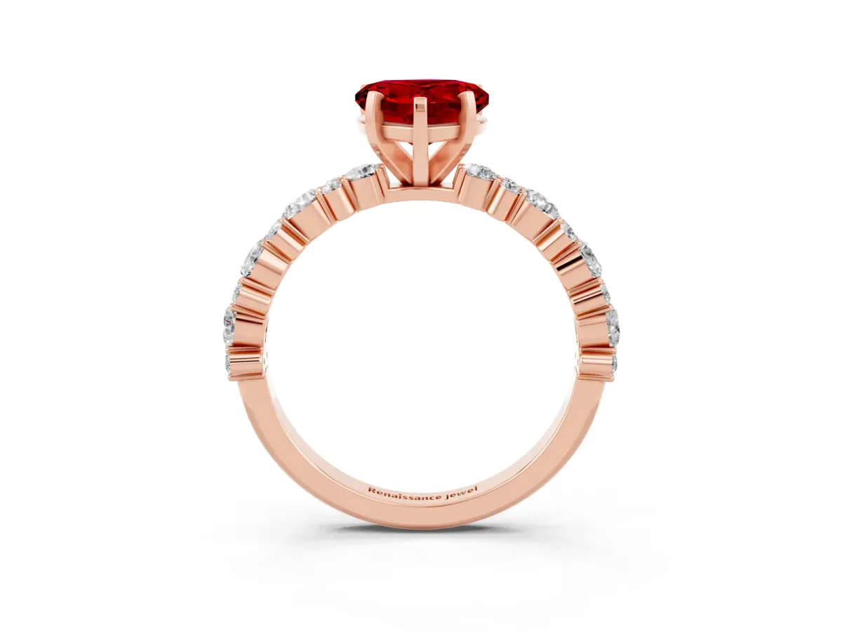 Heart Cut Ruby Side Stone Solitaire Ring with Round and Four-Prong Setting Rose gold