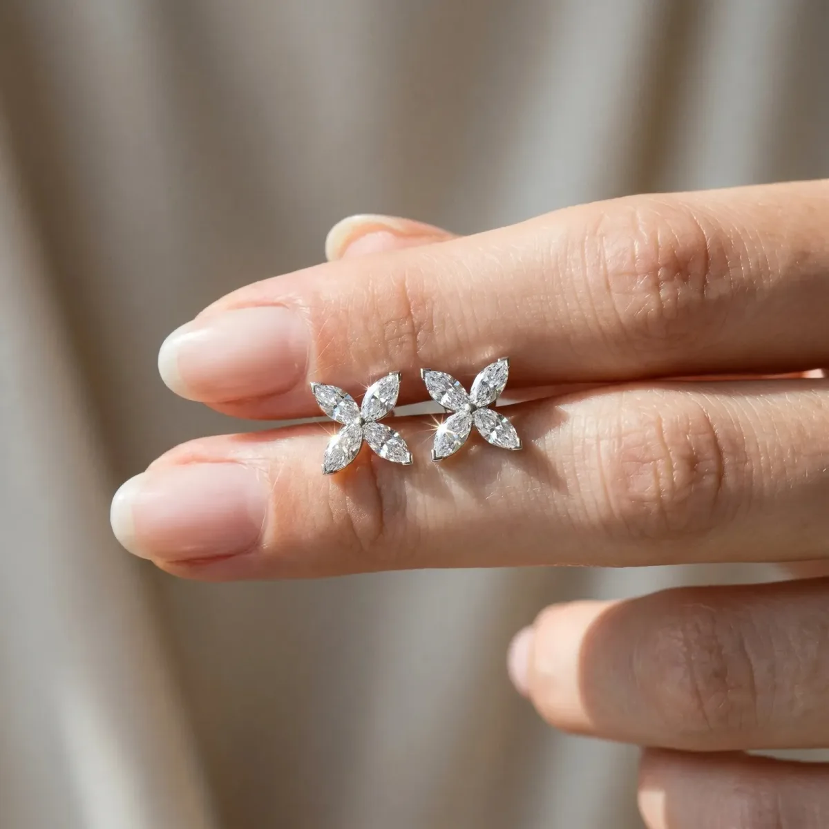 Marquise Cut Diamond Flower Stud Earrings Silver