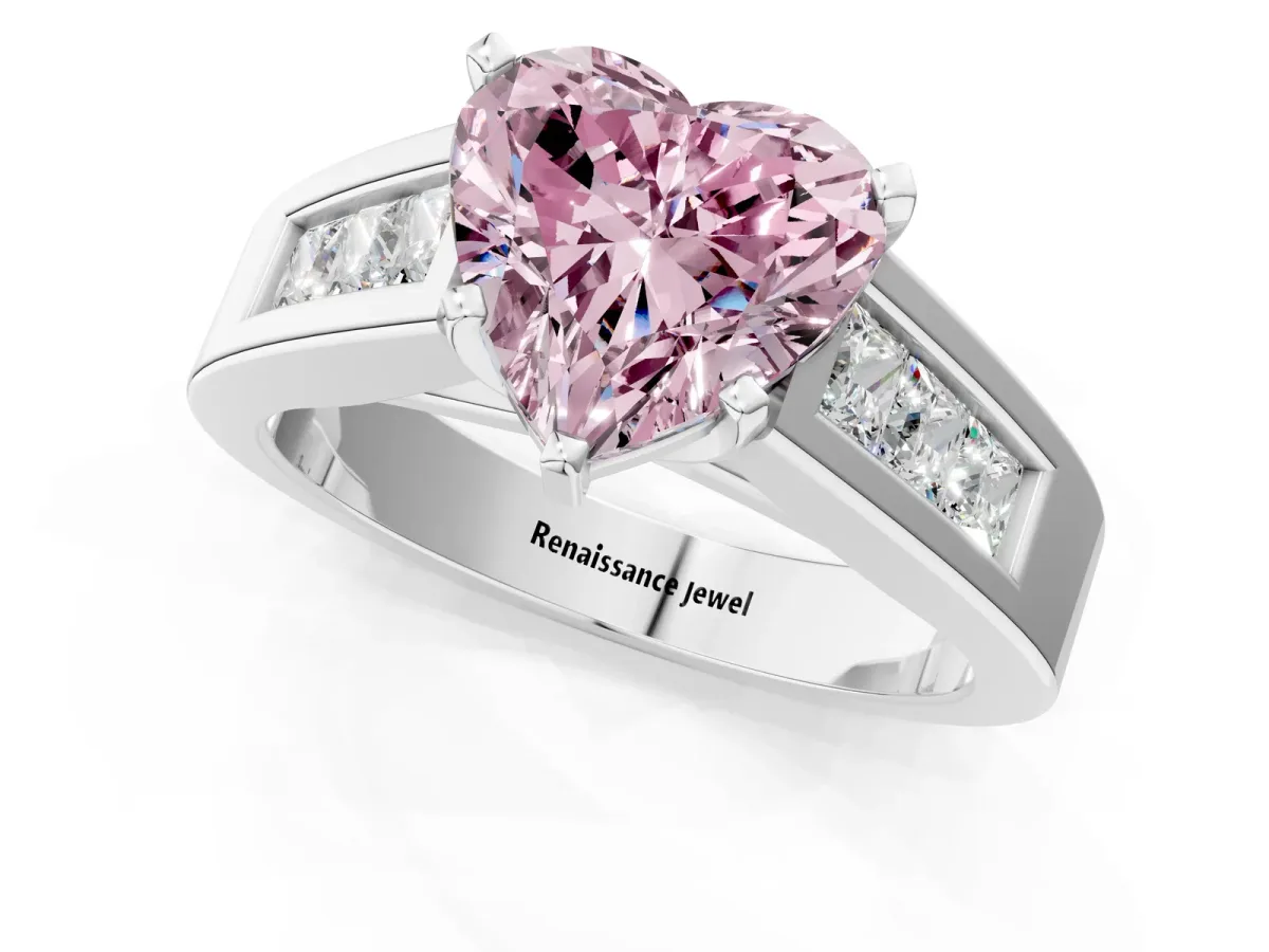 Fancy Pink Heart Cut Cut Channel Set Solitaire Ring with Four-Prong Setting Silver