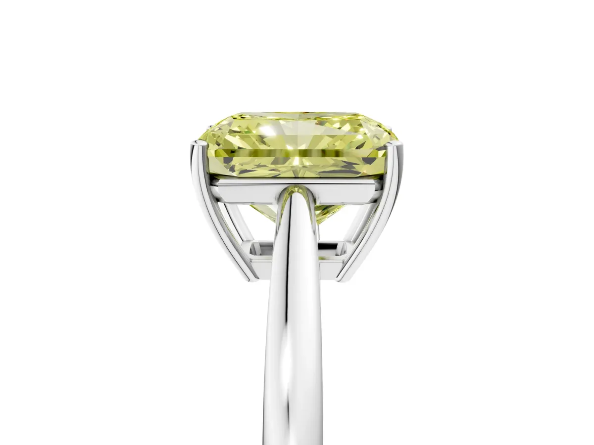 Fancy Yellow Radiant Cut Solitaire Diamond Ring with Split Shank and Four-Prong Setting Platinum