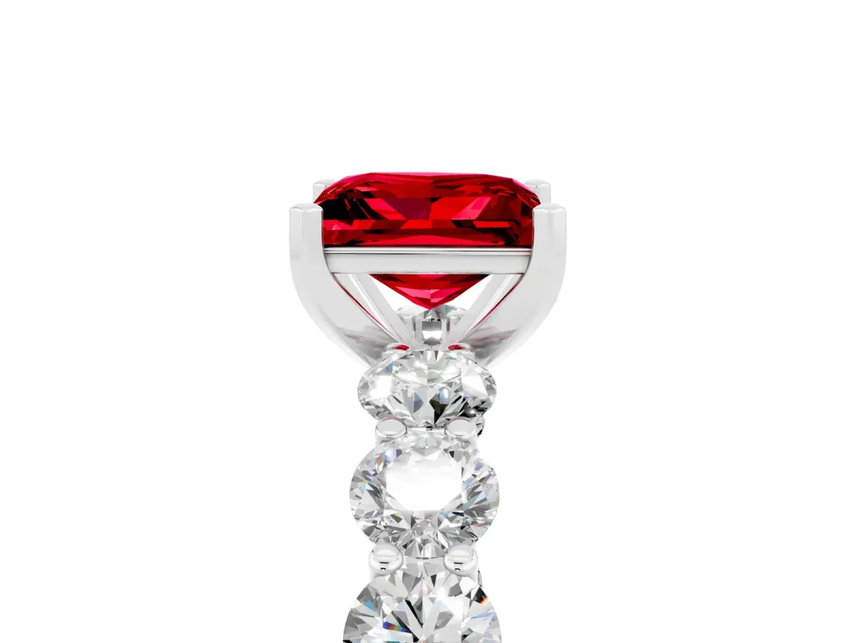 Princess Cut Ruby Prong Setting with Side Stones on a Pave Band Platinum