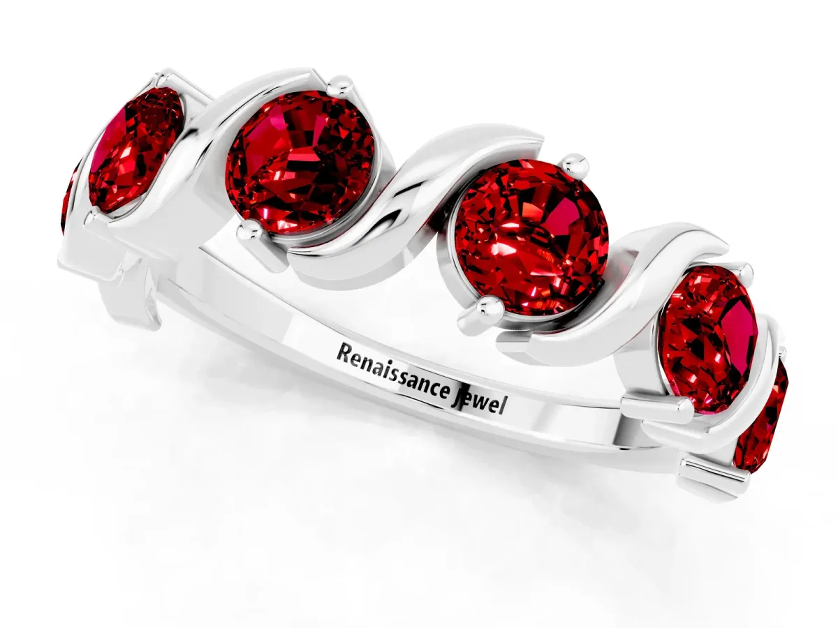Six-Stone Round Ruby Wave Band with Shared Prong Setting Silver