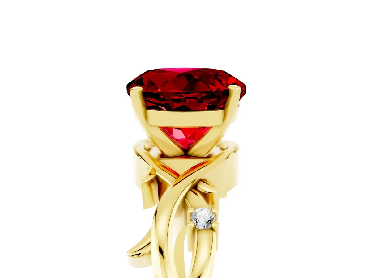 Round Cut Ruby Solitaire Ring with Twisted Band and Prong Setting Yellow gold