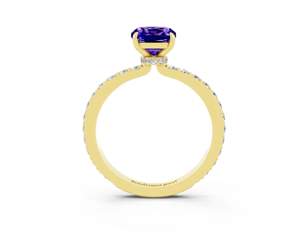 Cushion Cut Tanzanite Solitaire Engagement Ring with Pavé Band and Four-Prong Setting Yellow gold