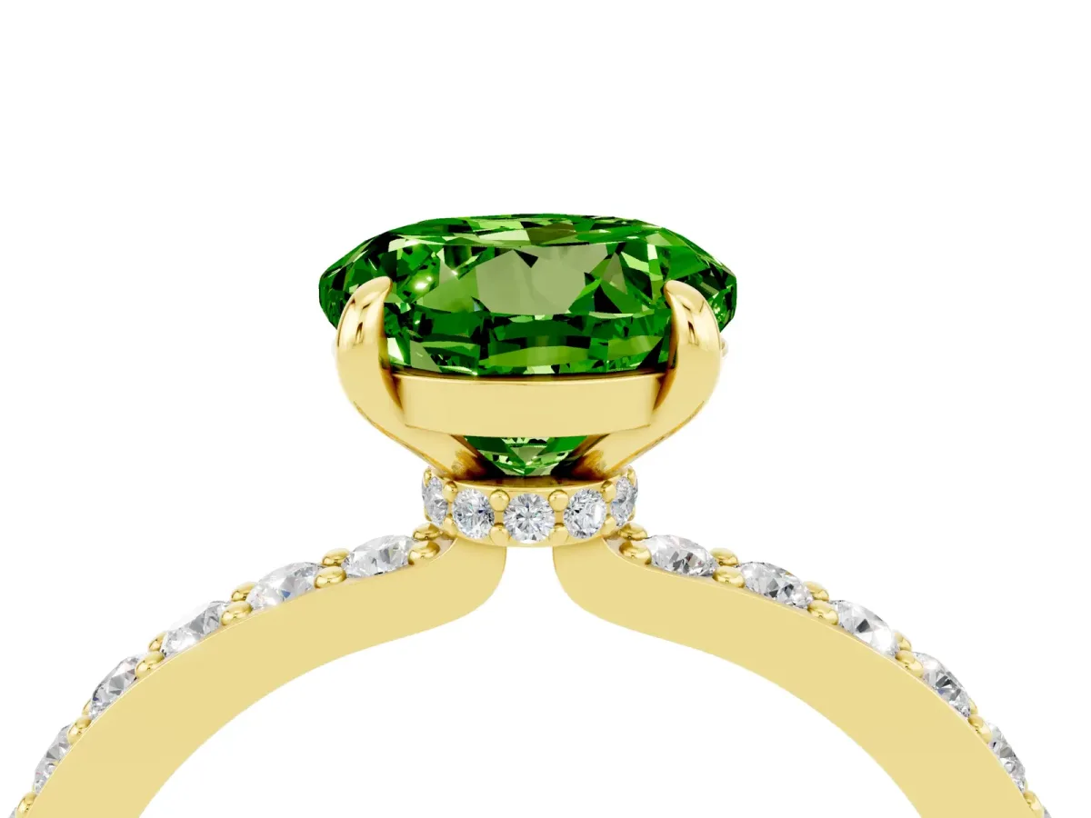 Round Cut Peridot Solitaire Engagement Ring with Pavé Band and Four-Prong Setting Yellow gold