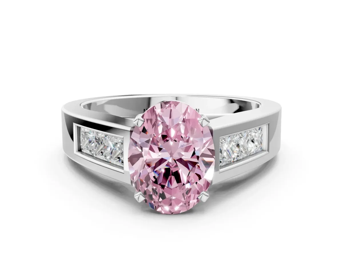 Fancy Pink Oval Cut Cut Channel Set Solitaire Ring with Four-Prong Setting Silver
