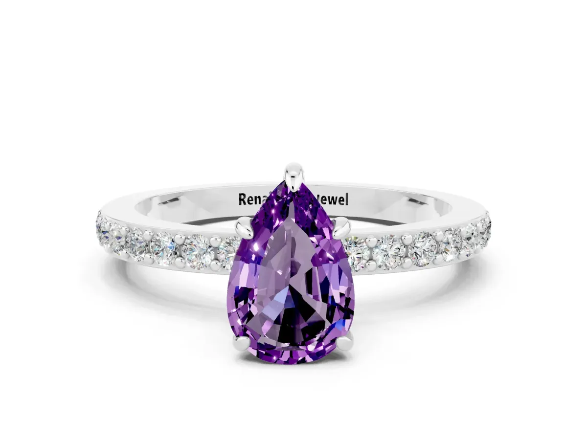 Pear Cut Amethyst Solitaire Engagement Ring with Pavé Band and Four-Prong Setting White gold