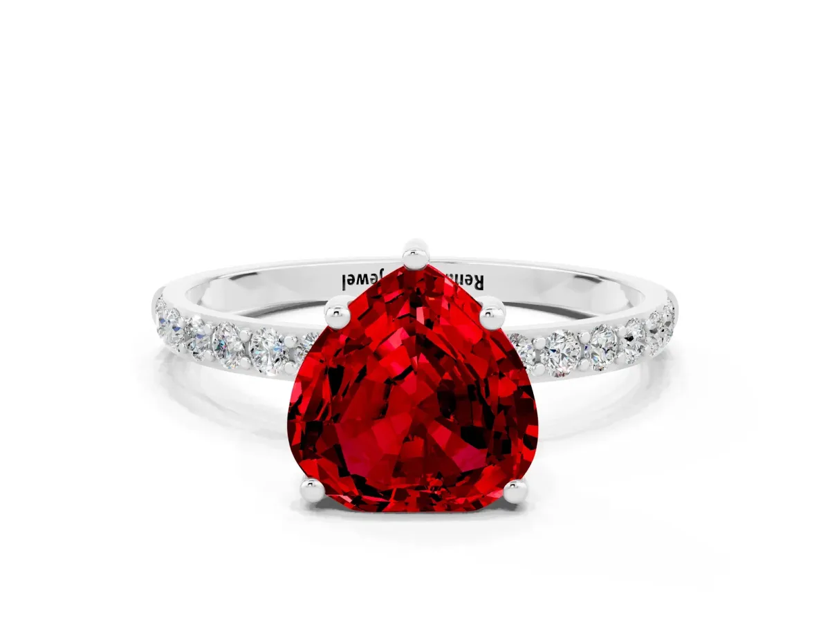 Heart Cut Ruby Solitaire Ring with Round Pavé Band and Prong Setting Silver
