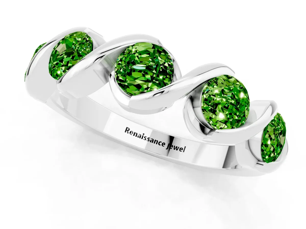 Round Peridot Wave Band with Channel Setting and Shared Prongs Silver