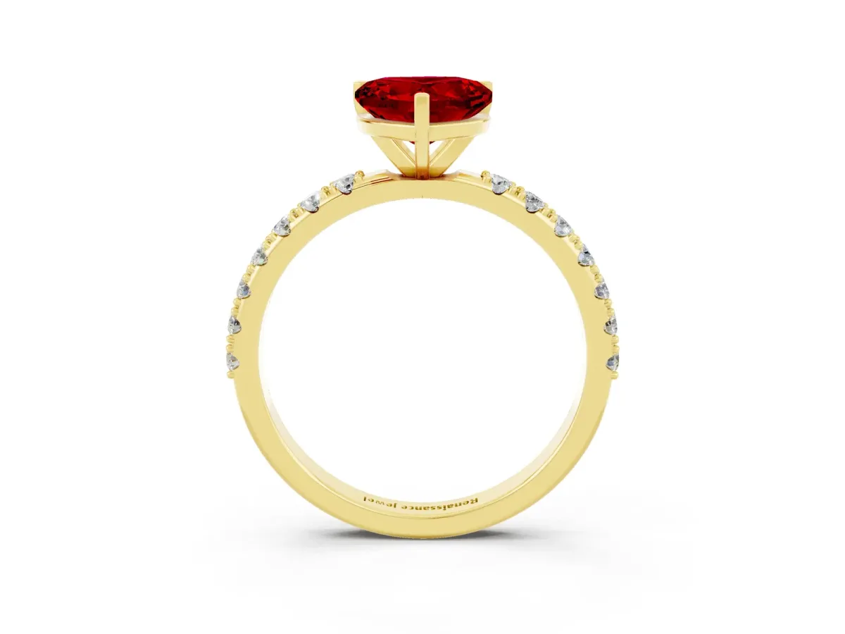 Heart Cut Ruby Solitaire Pavé Band with Four-Prong Setting Yellow gold